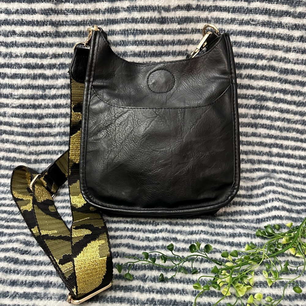 Ahdorned Mini Vegan Leather Messenger Bag‎ in black Gold Metallic Camo Strap